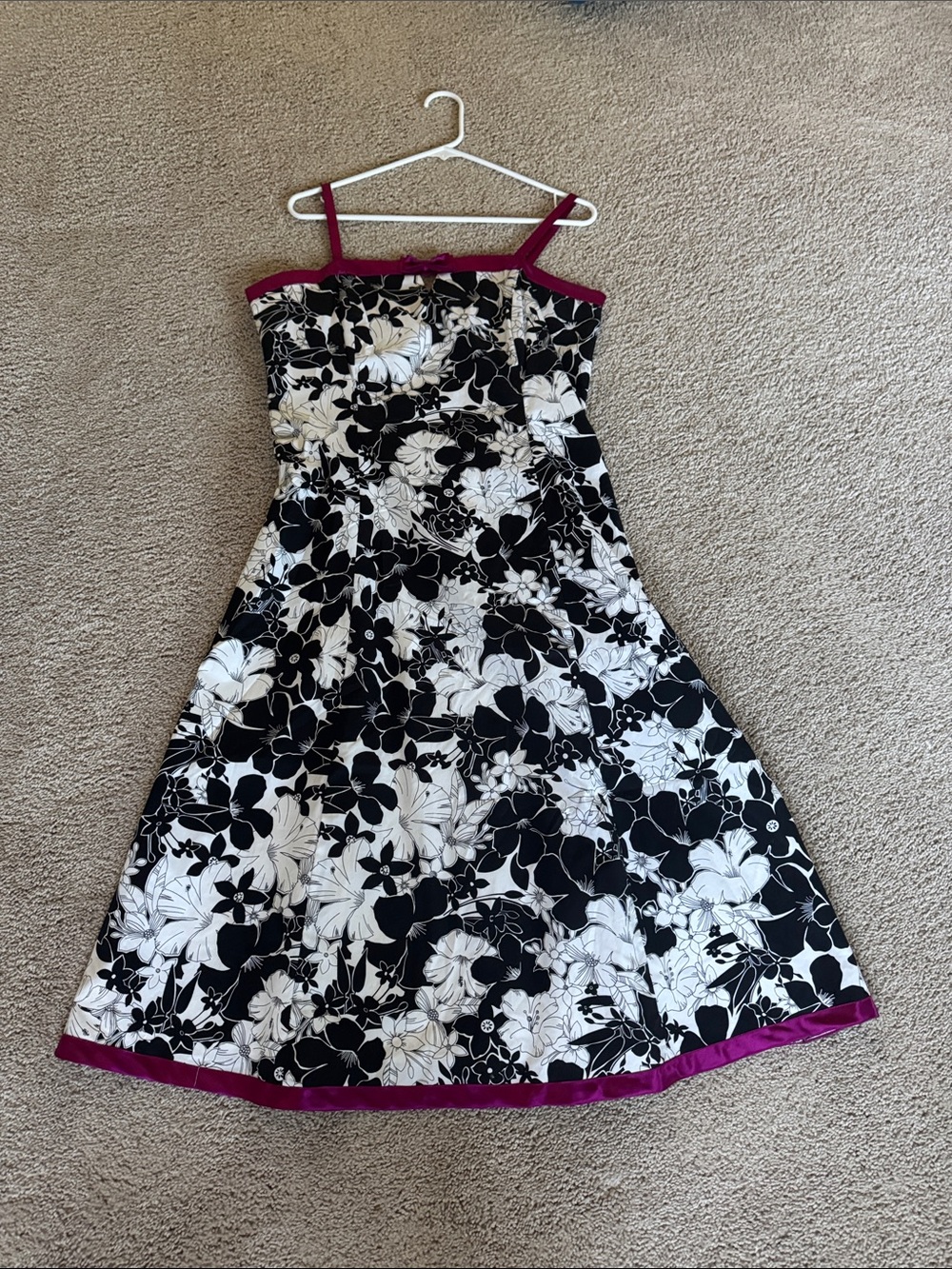 Dress Barn Black and White Floral Asymmetrical Dress with Magenta Trim